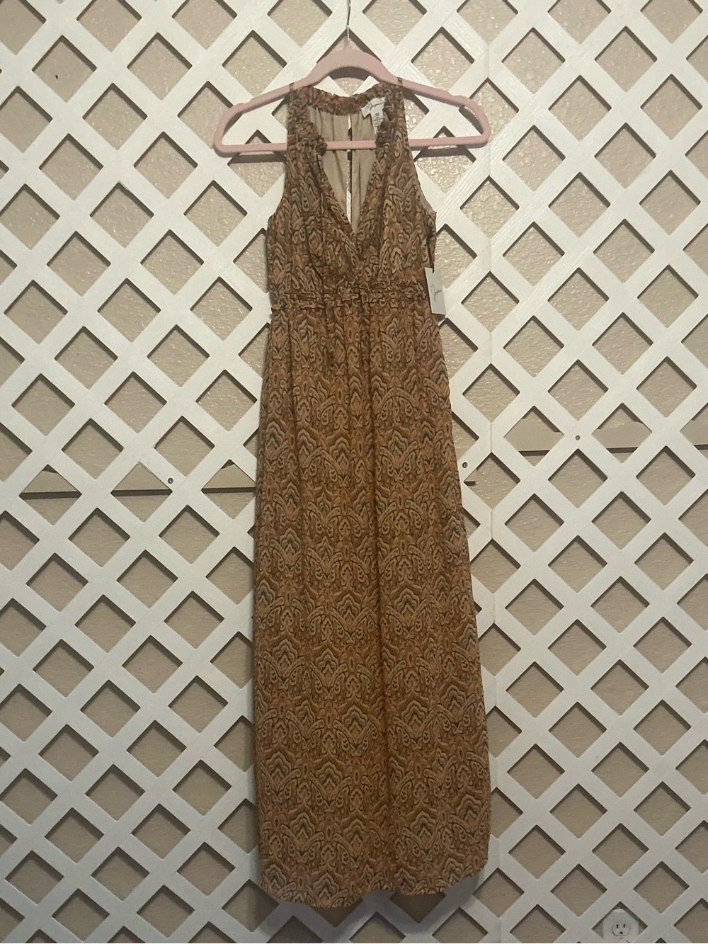 Japna Lined Maxi Dress in Brown, Gold & Teal Print